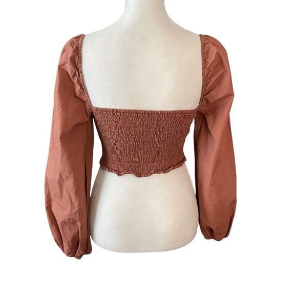Wilfred Small Inaya Blouse Puff Long Sleeve Cropped Smocked Top Brown - Picture 8 of 8